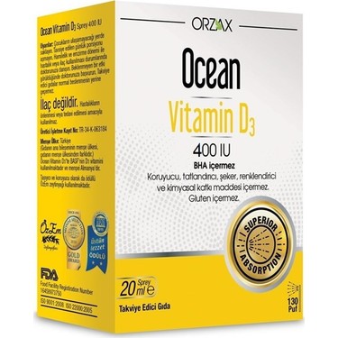 Orzax Ocean Vitamin D3 400'Iu Sprey 20 ML